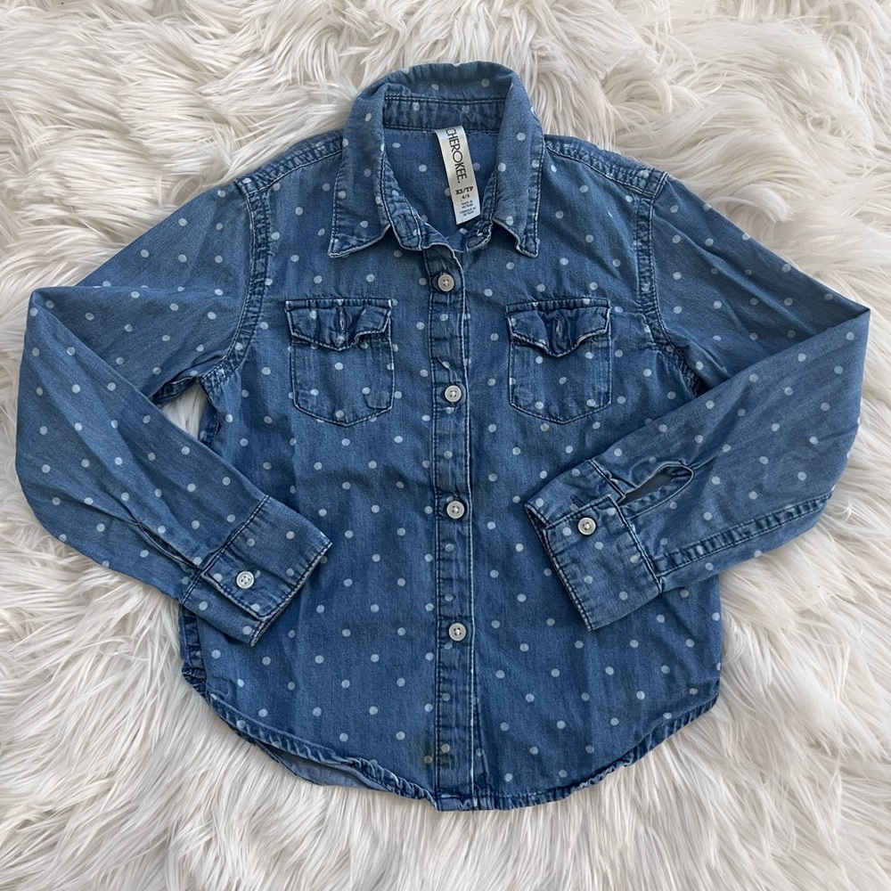 Cherokee Blue Jean Shirt with White Polka Dots